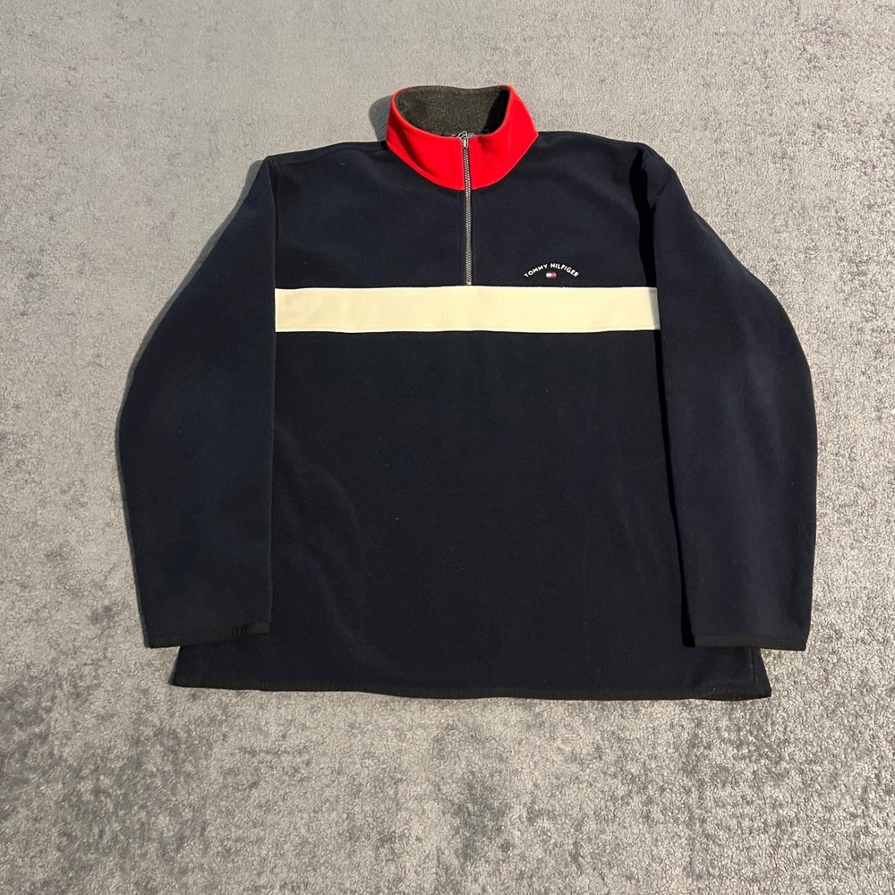 Vintage 90s Tommy Hilfiger Mens XL Fleece Quarter Zip Pullover Blue Stripe